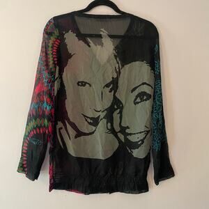 Desingual. Black Multicolor Sheer Long Sleeve Blouse Transparent Women's Medium